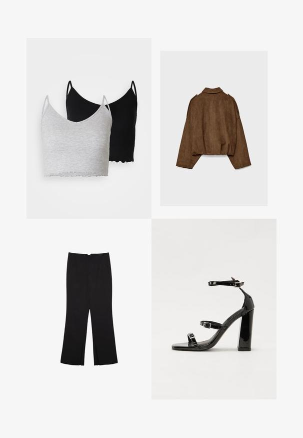 Brun jakke i imiteret ruskind med krave, oversized pasform og sænkede skuldre. Bagsiden har lodrette sømdetaljer og et cropped design.; Even&Odd 2 PACK - Top - black/light grey; Sorte bukser med lige pasform, der har frontlommer og slidser i kanten. Lavet af blødt, glat stof. Velegnet til forskellige anledninger.; Sorte patenterede hælsandaler med firkantet tå, ankelremme og sølvspænder. Har en chunky blokHæl for stabilitet.
