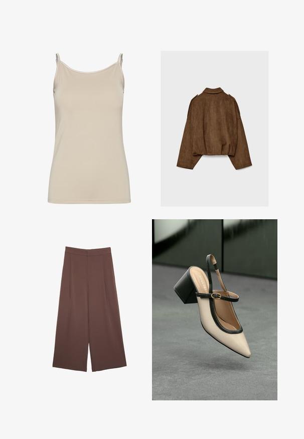 Rjava jakna iz umetnega usnja z ovratnikom, širokim krojem in spuščenimi rameni. Hrbtni del ima navpične šive in krajšano zasnovo.; Bež majica bez rukava, izdelana iz gladkega blaga, z tankimi naramnicami in preprostim, prilegajočim se dizajnom ter čistim izrezom brez vzorcev.; Rjave široke hlače z gladko teksturo, ki imajo visok pas in sprednje naborke. Tkanina je lahka in prosto pada.; Bežna slingback čevlja z uskim sprednjim delom, črnimi detajli, zlatim zaponko in debelim blokovskim peto na sivi tleh s temno zeleno ozadje.