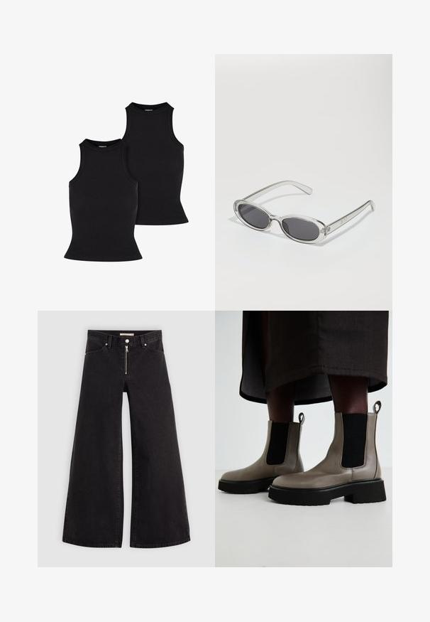 Brun jakke i imiteret ruskind med krave, oversized pasform og sænkede skuldre. Bagsiden har lodrette sømdetaljer og et cropped design.; Sorte ribbede tanktoppe med tætsiddende design, høj hals og uden ærmer. Teksturen virker strækbar og glat og har en enkel silhuet.; Vide ben jeans i sort denim med lynlås foran, fem lomme-design og subtile stikninger. Glat tekstur og afslappet stil.; Grå ankelstøvler lavet af tekstureret læder med elastiske sidepaneler og en kraftig sort sål. Har trækremme til nem påklædning.; Solsikker med oval form, klar plastramme, mørkegrå linser og tynde gennemsigtige arme med logovariationer og minimal detaljer.
