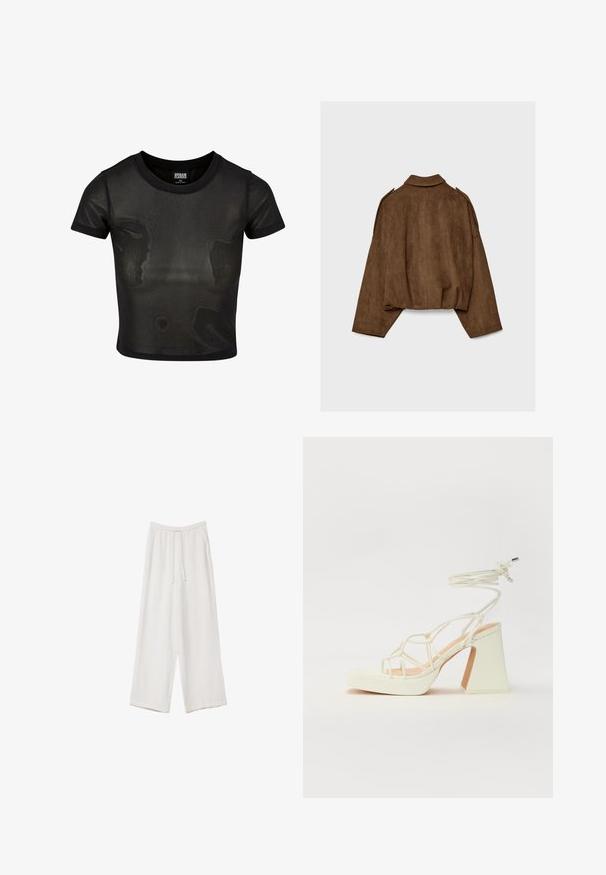 Ruskea tekonahkainen mokkatakki, jossa on kauluksellinen kaula-aukko, ylisuurikokoinen istuvuus ja laskostetut olkapäät. Takana pystysuoria saumadetaljeja ja lyhyt malli.; Musta lyhythihainen crop-top, joka on valmistettu läpinäkyvästä kankaasta. Siinä on lyhyet hihat ja pyöreä pääntie. Rakenteellinen pinta ja kontrastivärinen reunus.; Valkoiset leveälahkeiset housut kevyestä kankaasta. Ominaisuuksiin kuuluu elastinen vyötärö, jossa on nauhakuuluma ja sivutaskut. Sileä rakenne.; Valkoinen korkokenkä, jossa on paksu korko, ja joka sisältää nauhakiinnityksen ja nilkkaketjun. Sujuva pinta, jossa on platform-etupohja lisäkorkeutta varten.