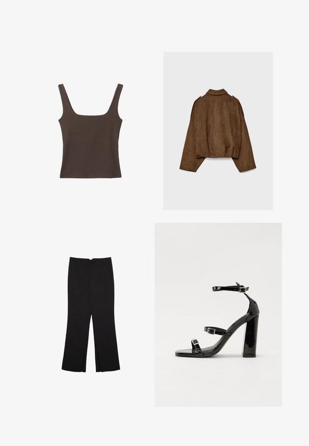 Rjava jakna iz umetnega usnja z ovratnikom, širokim krojem in spuščenimi rameni. Hrbtni del ima navpične šive in krajšano zasnovo.; Rjava brezrokavna majica s kvadratnim izrezom, narejena iz mehkega, elastičnega materiala. Ima oprijet kroj in ravne šive.; Črne hlače ravnega kroja z naglavnimi žepi in stranskimi razporki na robu. Narejene iz mehke, gladke tkanine. Primerne za različne priložnosti.; Črne lakirane sandale s peto, kvadratnim prstom, trakovi okrog gležnja in srebrnimi zaponkami. Opremljene so s stabilno Debelo peto.