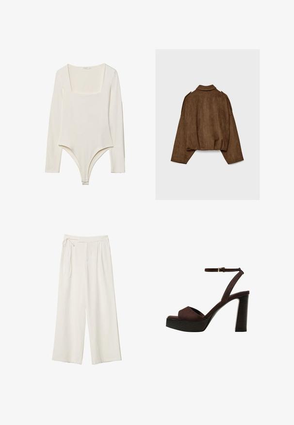 Bruine jas van imitatie suède met een kraag, een oversized pasvorm en doorgezakte schouders. De achterkant heeft verticale naaddetails en een cropped ontwerp.; Langarm bodysuit in lichtroom, met een vierkante halslijn, een gladde textuur en drukknoopsluitingen bij het kruis voor eenvoudig aantrekken.; Wijdvallende broek van off-white stof met een gladde textuur. Heeft een gestrikte taille en geplooide voorkant, ontworpen voor een ontspannen pasvorm.; Bruine suède high-heeled sandaal met een open teen, verstelbare enkelband en een gestreepte plateauzool.