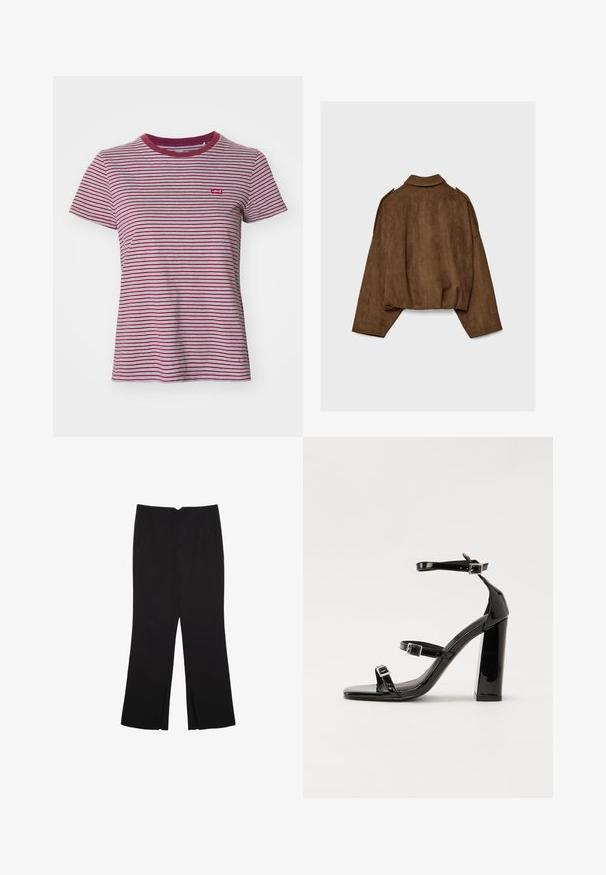 Hnedá bundu z umelého semišu s golierom, nadrozmerným strihom a spustenými ramenami. Zadná časť má vertikálne švy a skrátený dizajn.; Levi's® THE PERFECT TEE - Základné tričko - collegiate burgundy; Čierne nohavice so strihom rovného strihu, s prednými vreckami a bočnými rozparkami na leme. Vyrobené z mäkkej, hladkej tkaniny. Vhodné na rôzne príležitosti.; Čierne lakované sandále na podpätku so štvorcovou špičkou, navlečenými remienkami okolo členku a striebornými prackami. Disponujú masívnym blokovým podpätkom pre stabilitu.