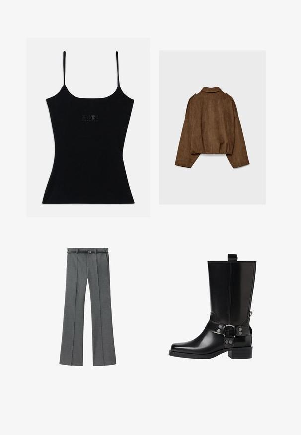 Rjava jakna iz umetnega usnja z ovratnikom, širokim krojem in spuščenimi rameni. Hrbtni del ima navpične šive in krajšano zasnovo.; Črna oprijeta top majica z tankimi naramnicami, izdelana iz rebraste tkanine. Na sprednji strani ima diskreten dizajn logotipa. Gladka tekstura in elegance silhuete.; Sive prirejene hlače z ravno nogavico, lahkotna tkanina, zanke za pas ter ozkim pasom z zmanjšanim srebrom.; Črne usnjene škornje do kolen s koničastim nosom, srebrnimi zaponkami in debelim peto. Imajo zanko za enostavno obuvanje.