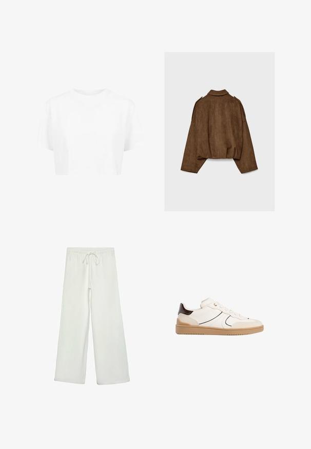 Rjava jakna iz umetnega usnja z ovratnikom, širokim krojem in spuščenimi rameni. Hrbtni del ima navpične šive in krajšano zasnovo.; Bela skrajšana majica s kratkimi rokavi, okroglega izrezа, izdelana iz gladkega materiala, brez vidnih vzorcev ali posebne opreme.; Bele široke hlače iz mehkega blaga. Imajo elastičen pas s vrvico in gladko teksturo. Brez vidnih vzorcev ali kovinskih delov.; Stradivarius Športni copati - white