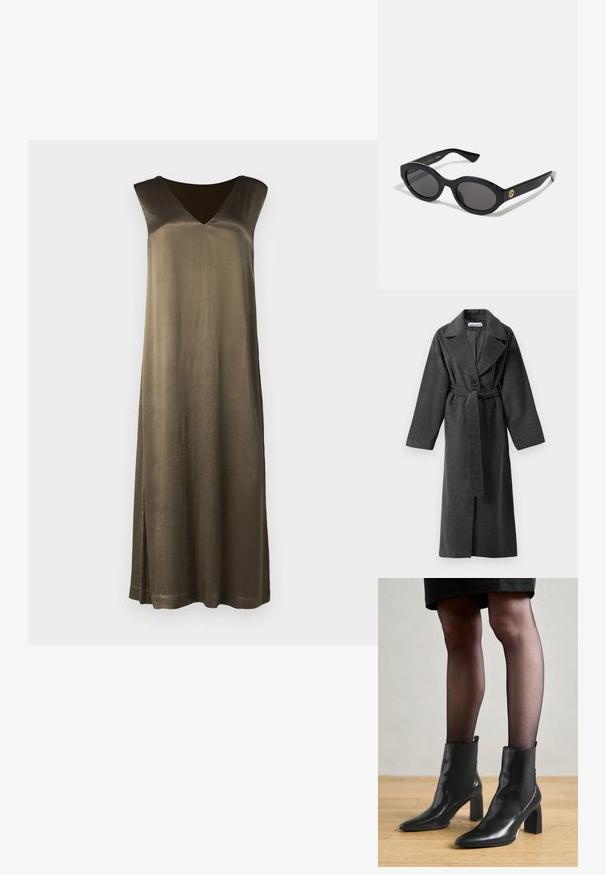 Tumma harmaa pitkä villakangastakki, jossa on leveät kaulukset, yksi nappi, vyötärölle kiristettävä vyö ja kaksi sivutaskua, esitelty valkoisella taustalla.; Harmaa lyhythihainen neulepaita, jossa on leveä kaula-aukko, pitkät hihat ja pehmeä, teksturoitu neulontakangas. Yksinkertainen muotoilu, ei kuvioita tai koristeluja.; Pitkä, oliivinvihreä hihaton mekko, jossa on V-kaulus, sileä rakenne ja sivureikä. Valmistettu silkkimäisestä materiaalista. Yksinkertainen, suora siluetti.; Mustat nahkasaappaat nilkkamittaisella varrella, terävässä kärjessä, paksussa neliömassassa ja tyylikkäässä muotoilussa. Varustettu joustavilla sivupaneeleilla, jotka helpottavat pukemista.; Mustat soikeat aurinkolasit tummilla linsseillä ja kiiltävästä muovista valmistetulla kehällä. Varustettu kullanvärisellä logolla temppeleissä, tarjoten tyylikkään ja modernin muotoilun.