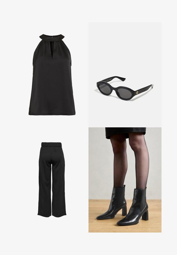 Dark gray long wool coat with wide lapels, one button, belted waist, and two side pockets, displayed on a white background.; Gray cropped sweater with a wide neckline, long sleeves, and a soft, textured knit fabric. Simple design, no patterns or embellishments.; Black sleeveless top featuring a high collar with a keyhole opening, made from smooth fabric, with a relaxed fit and no visible patterns.; Black, wide-leg pants with an elastic waistband, made from smooth fabric. Features a clean design with no pockets or visible stitching details.; Black leather ankle boots with a pointed toe, chunky square heel, and sleek design. Features elastic side panels for easy wear.; Black oval sunglasses with dark lenses and glossy plastic frame. Features gold logo on the temple, offering a sleek and modern design.