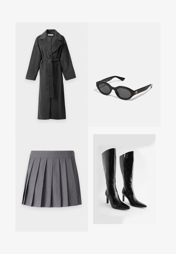 Tmavošedý dlhý vlnený kabát so širokými klopami, jedným gombíkom, opaskom v páse a dvomi bočnými vreckami, vystavený na bielom pozadí.; Sivý skrátený sveter s širokým výstrihom, dlhými rukávmi a mäkkou, textúrovanou pleteninou. Jednoduchý design, bez vzorov alebo ozdôb.; SOMETHINGNEW SNMEGAN MINI - Skladaná sukňa - harbor mist; Pohodlné čierne vysoké čižmy z umelého kože s krokodílou textúrou, s úzkou špičkou a štíhlým vysokým podpätkom; majú bočné zipsové zapínanie.; Čierne oválne slnečné okuliare s tmavými sklami a lesklým plastovým rámom. Obsahujú zlaté logo na stráne, čo im dáva elegantný a moderný dizajn.