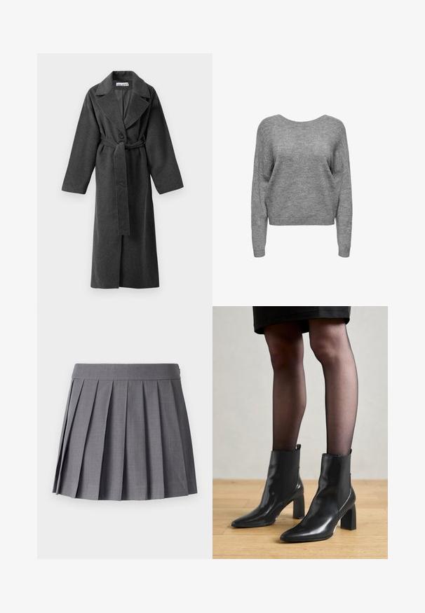 Manteau long en laine gris foncé avec des revers larges, un bouton, taille ceinturée et deux poches latérales, présenté sur un fond blanc.; Pull gris court avec un large col, des manches longues et un tissu tricoté doux et texturé. Design simple, sans motifs ni embellissements.; SOMETHINGNEW SNMEGAN MINI - Jupe plissée - harbor mist; Bottines en cuir noir avec un bout pointu, un talon carré épais et un design élégant. Présente des panneaux latéraux élastiques pour un enfilage facile.