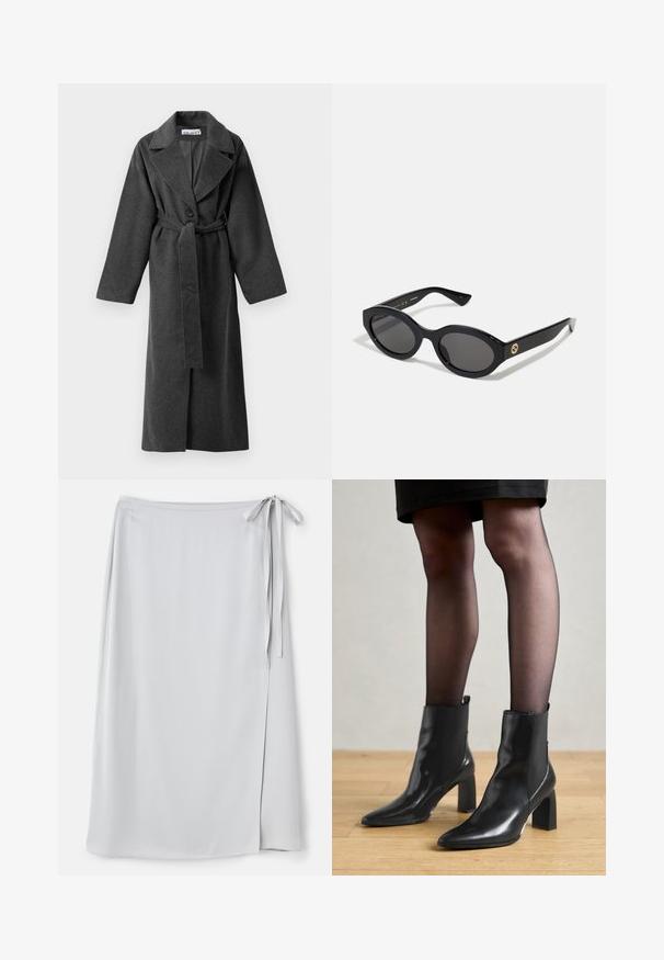 Dark gray long wool coat with wide lapels, one button, belted waist, and two side pockets, displayed on a white background.; Gray cropped sweater with a wide neckline, long sleeves, and a soft, textured knit fabric. Simple design, no patterns or embellishments.; Light gray wrap skirt with a smooth texture, side tie closure, and a subtle slit on the left side. Plain design without patterns or accents.; Black leather ankle boots with a pointed toe, chunky square heel, and sleek design. Features elastic side panels for easy wear.; Black oval sunglasses with dark lenses and glossy plastic frame. Features gold logo on the temple, offering a sleek and modern design.
