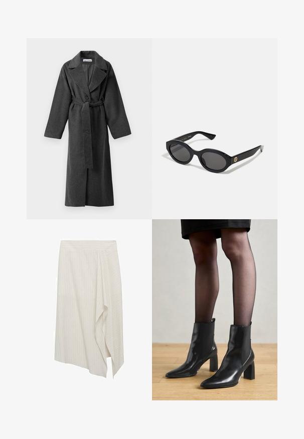 Manteau long en laine gris foncé avec des revers larges, un bouton, taille ceinturée et deux poches latérales, présenté sur un fond blanc.; Pull gris court avec un large col, des manches longues et un tissu tricoté doux et texturé. Design simple, sans motifs ni embellissements.; Jupe blanche asymétrique avec de légères rayures verticales, présentant un design drapé et une texture de tissu lisse. Taille simple, sans ornement.; Bottines en cuir noir avec un bout pointu, un talon carré épais et un design élégant. Présente des panneaux latéraux élastiques pour un enfilage facile.; Lunettes de soleil ovales noires avec des verres sombres et une monture en plastique brillant. Présente un logo doré sur la branche, offrant un design épuré et moderne.