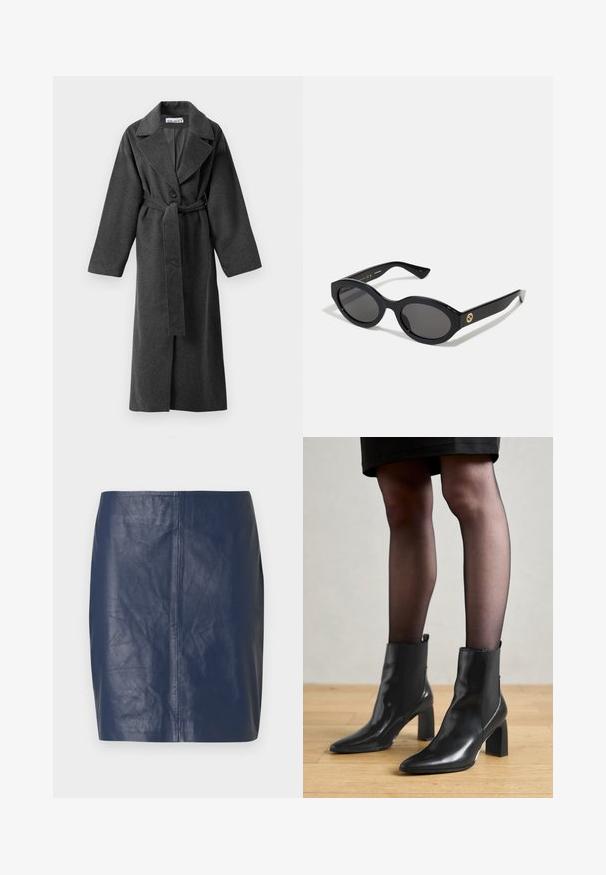 Temno siva dolga volnena plašč z širokimi reverji, enim gumbom, pasom in dvema stranskima žepoma, prikazan na beli podlagi.; Sivkna skrajšana pulover s širokim izrezom, dolgimi rokavi in mehko, teksturirano pletenino. Enostaven dizajn, brez vzorcev ali okraskov.; Mini krilo iz mornarsko modrega usnja s gladko teksturo, ravnim krojem in minimalnimi šivi na straneh.; Črne usnjene gležnjarje s koničastim nosom, masivnim kvadratnim petam in sleek oblikovanjem. Imajo elastične stranske panele za enostavno obuvanje.; Črne ovalne sončna očala s temnimi lečami in sijočim plastičnim okvirjem. Imajo zlat logo na robu, kar ponuja eleganten in sodoben oblikovalski pristop.