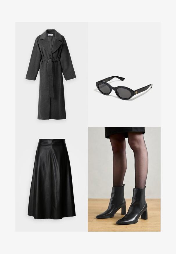 Dunkelgrauer langer Wollmantel mit breiten Revers, einem Knopf, Taillengürtel und zwei seitlichen Taschen, auf einem weißen Hintergrund präsentiert.; Grauer, kurz geschnittener Pullover mit weitem Ausschnitt, langen Ärmeln und einem weichen, strukturierten Strickstoff. Einfaches Design, keine Muster oder Verzierungen.; Schwarze Lederrock mit ausgestelltem Design, knie-lang, mit einer glatten Textur und einem sauberen, nahtlosen Rücken für einen eleganten Look.; Schwarze Leder-Ankle-Boots mit spitzer Zehenform, klobigem quadratischem Absatz und schlankem Design. Verfügt über elastische seitliche Einsätze für leichtes An- und Ausziehen.; Schwarze ovale Sonnenbrille mit dunklen Gläsern und glänzendem Kunststoffrahmen. Mit goldenem Logo am Bügel, das ein elegantes und modernes Design bietet.