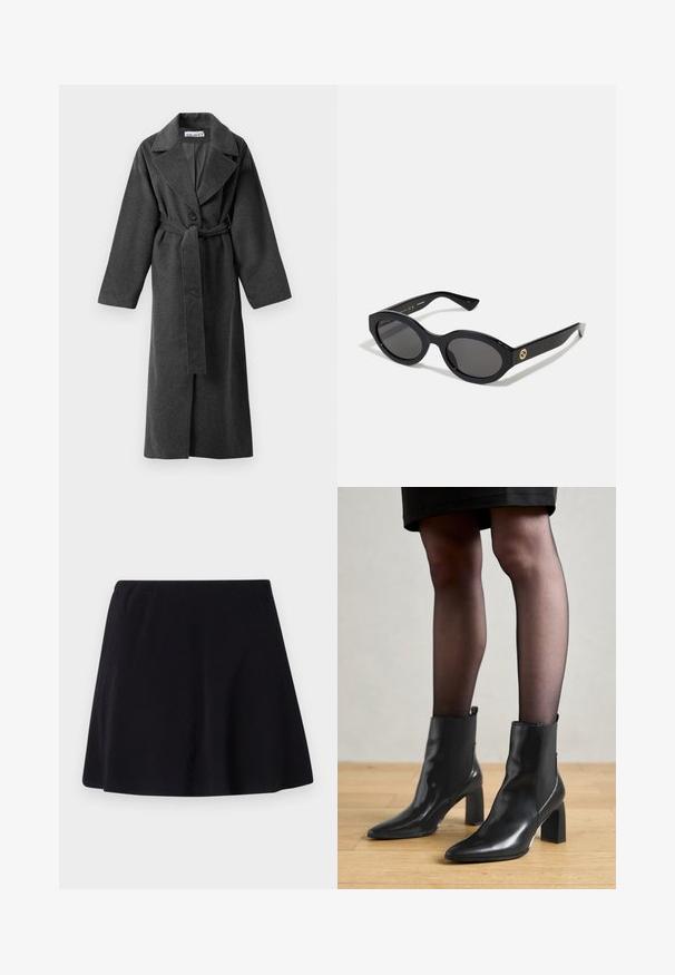 Dunkelgrauer langer Wollmantel mit breiten Revers, einem Knopf, Taillengürtel und zwei seitlichen Taschen, auf einem weißen Hintergrund präsentiert.; Grauer, kurz geschnittener Pullover mit weitem Ausschnitt, langen Ärmeln und einem weichen, strukturierten Strickstoff. Einfaches Design, keine Muster oder Verzierungen.; Schwarzer Rock, knielang, aus leichtem Stoff mit subtiler Textur, hat ein ausgestelltes Design und einen elastischen Bund.; Schwarze Leder-Ankle-Boots mit spitzer Zehenform, klobigem quadratischem Absatz und schlankem Design. Verfügt über elastische seitliche Einsätze für leichtes An- und Ausziehen.; Schwarze ovale Sonnenbrille mit dunklen Gläsern und glänzendem Kunststoffrahmen. Mit goldenem Logo am Bügel, das ein elegantes und modernes Design bietet.
