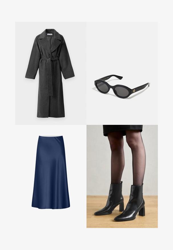 Mörkgrå lång ullkappa med breda slag, en knapp, bältesmidja och två sidofickor, uppvisad på en vit bakgrund.; Grå kort ärmad tröja med vid halsringning, långa ärmar och ett mjukt, strukturerat stickat tyg. Enkel design, utan mönster eller dekorationer.; Marinblå siden A-linje kjol med en slät textur, flödande design och en mellanlång klippning. Har en ren midjeband utan ytterligare detaljer.; Svarta läderankelstövlar med spetsig tå, kraftig kvadratisk klack och en slank design. Har elastiska sidopaneler för enkel påtagning.; Svarta ovala solglasögon med mörka linser och blank plastbåge. Utrustade med en gyllene logotyp på bågen, vilket ger en snygg och modern design.