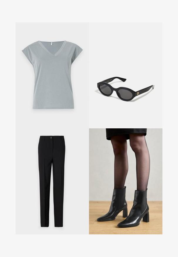Casaco de lã longo, cinza escuro, com lapelas largas, um botão, cintura cingida e dois bolsos laterais, apresentado sobre um fundo branco.; Suéter cinza cropped com um decote largo, mangas longas e um tecido de malha macia e texturizada. Design simples, sem padrões ou ornamentos.; T-shirt cinza em forma de V com mangas curtas em estilo de cap sleeve, feito de um tecido macio que estica ligeiramente, apresentando um ajuste descontraído e detalhes de costura mínimos.; Calças pretas ajustadas com um design de perna reta, apresentando fecho de botão e passantes para cinto, feitas de tecido suave.; Botas de tornozelo em couro preto com bico fino, salto quadrado robusto e design elegante. Apresenta painéis laterais elásticos para facilitar o calçar.; Óculos de sol ovais pretos com lentes escuras e armação de plástico brilhante. Apresenta um logotipo dourado na haste, oferecendo um design elegante e moderno.