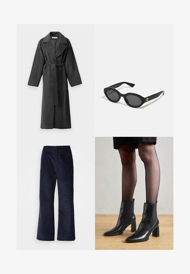 Tumšpelēka garā vilnas mēteli ar platām atlociņām, vienu pogu, jostu vidukļa daļā un divām sānu kabatām, attēlots uz balta fona.; Pelēks īsais džemperis ar plašu izgriezumu, garām piedurknēm un mīkstu, teksturētu dziju. Vienkāršs dizains, bez rakstiem vai rotājumiem.; Jūras kara flotes samta platās kājas bikses ar vertikālām ribām, elastīgu jostu un bez redzamām detaļām. Mīksta tekstūra un brīva piegriezuma.; Melni ādas potīšu zābaki ar izdilušu purngala formu, masīvu kvadrātveida papēdi un elegantu dizainu. Iekļautas elastīgas sānu paneļi, kas nodrošina ērtu uzvilkšanu.; Melnas ovālās saulesbrilles ar tumšiem stikliem un spīdīgu plastmasas rāmi. Iezīmētas ar zelta logo uz tempļa, nodrošinot elegantu un modernu dizainu.