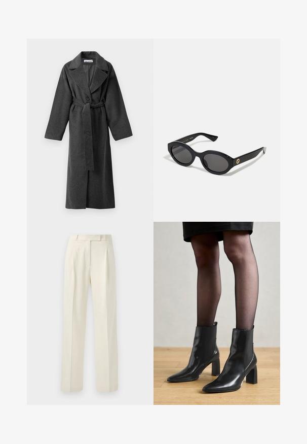 Palton lung din lână de un gri închis, cu rever larg, un buton, talie cu brâu și două buzunare laterale, expus pe un fundal alb.; Pulover gri scurt, cu decolteu larg, mâneci lungi și un material tricotat moale, texturat. Design simplu, fără modele sau embellishments.; Pantaloni de culoare crem, cu o croială ajustată, având un închidere plată, pliseuri și picioare drepte, realizate dintr-un material moale și texturat.; Botine negre din piele, cu vârful ascuțit, toc pătrat masiv și un design elegant. Au panouri laterale elastice pentru o îmbrăcare ușoară.; Ochelari de soare ovali negri cu lentile întunecate și ramă din plastic lucios. Prezintă un logo aurit pe bradă, oferind un design elegant și modern.