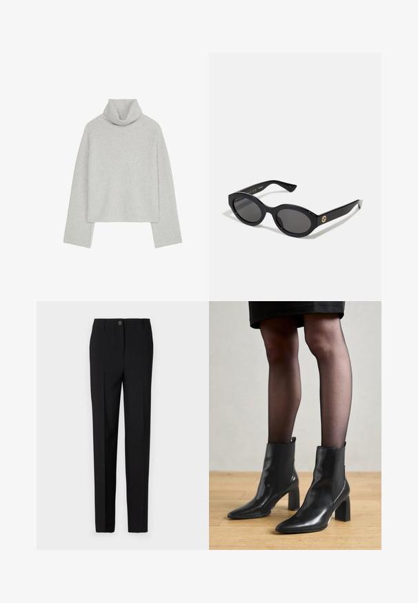 Mørk grå lang ullfrakk med brede slag, én knapp, belte i midjen og to sidelommer, vist på hvit bakgrunn.; Lys grå, ribbet genser med høy hals, lange ermer og en avslappet passform. Strikket strukturen er myk, og kragen er brettet.; Sorte skreddersydde bukser med rett bendesign, med knappelukking og beltehemper, laget av glatt stoff.; Sorte ankelstøvler i skinn med spiss tå, chunky firkantet hæl, og slank design. Har elastiske sidede paneler for enkel påføring.; Sorte ovale solbriller med mørke linser og blank plastramme. Har gulllogo på stengene, og tilbyr et elegant og moderne design.; Svart lær tote veske med firkantet håndtak, med teksturert overflate og preget logo. Inkluderer en avtagbar stropp.