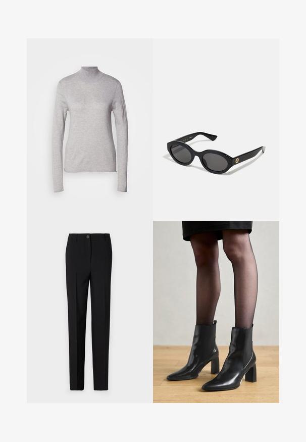 Sötétszürke, hosszú gyapjúszövésű kabát széles hajtókákkal, egy gombbal, övvel a derék részen, és két oldalsó zsebbel, fehér háttér előtt bemutatva.; Világosszürke garbó, hosszú ujjú, puha kötött anyagból készült. Testhezálló kialakítással és bordás nyakkal rendelkezik. Sima textúrájú.; Fekete, egyenes lábú, szabott nadrág, gombos záródással és övhurkokkal, sima anyagból készült.; Fekete bőr bokacsizma, hegyes orral, vastag négyzetes sarkal és letisztult dizájnnal. Az egyszerű felvételt segítő elasztikus oldalsó panelek jellemzik.; Fekete ovális napszemüveg sötét lencsékkel és fényes műanyag kerettel. Aranyszínű logóval rendelkezik a szárán, amely elegáns és modern megjelenést biztosít.