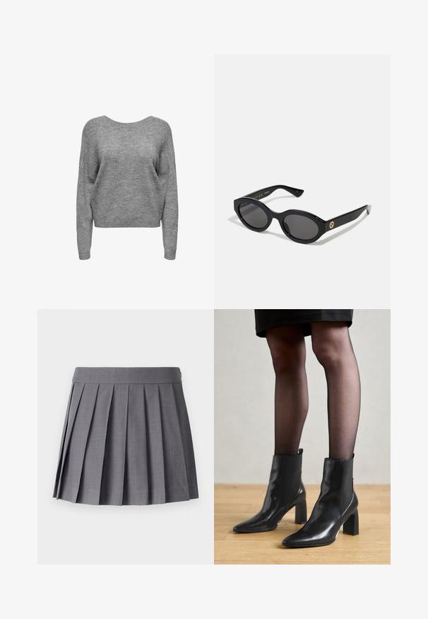 Palton lung din lână de un gri închis, cu rever larg, un buton, talie cu brâu și două buzunare laterale, expus pe un fundal alb.; Pulover gri scurt, cu decolteu larg, mâneci lungi și un material tricotat moale, texturat. Design simplu, fără modele sau embellishments.; SOMETHINGNEW SNMEGAN MINI - Fustă plisată - harbor mist; Botine negre din piele, cu vârful ascuțit, toc pătrat masiv și un design elegant. Au panouri laterale elastice pentru o îmbrăcare ușoară.; Ochelari de soare ovali negri cu lentile întunecate și ramă din plastic lucios. Prezintă un logo aurit pe bradă, oferind un design elegant și modern.