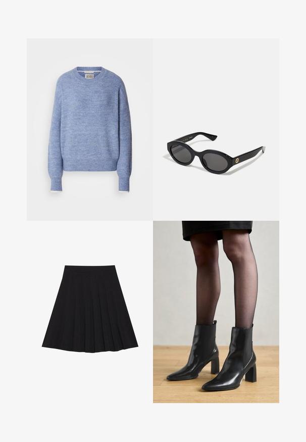 Tamno sivi dugi vuna kaput sa širokim reverima, jednim dugmetom, pojasom u struku i dva bočna džepa, prikazan na bijeloj pozadini.; Svijetloplavi džemper od mekog, teksturiranog materijala. Ima okrugli izrez i duge rukave s rebrastim manžetama. Minimalistički dizajn.; Crna plisirana suknja izrađena od teksturiranog materijala s uskim strukom. Pada do koljena, a ima glatku, čistu siluetu.; Crne kožne gležnjače s šiljastim vrhom, robusnim četvrtastim potplatom i elegantnim dizajnom. Imaju elastične bočne panele za jednostavno oblačenje.; Crne ovalne sunčane naočale s tamnim staklima i sjajnim plastičnim okvirom. Sadrže zlatni logotip na sljepoočnici, što pruža elegantan i moderni dizajn.