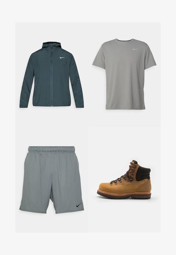 Nike-tuulitakki tummanvihreänä, kokonaan vetoketjullisella edessä, säädettävällä hupulla ja valkoisella logolla vasemmassa rinnassa. Kevyt, sileä kangas.; Harmaa Nike-t-paita lyhyillä hihoilla, pyöreällä kaula-aukkolla ja pienellä hopeisella logolla vasemmassa rinnassa. Valmistettu pehmeästä ja kevyestä kankaasta.; Harmaat urheilushortsit, jotka on valmistettu sileästä kankaasta. Niissä on joustava vyötärö ja sivutaskut, musta Nike-logo.; Ruske kožne planinarske čizme s teksturiranom završnom obradom, crna antilop podrška za gležnjeve, metalne rupice za vezivanje i robusna crna gumena potplat.