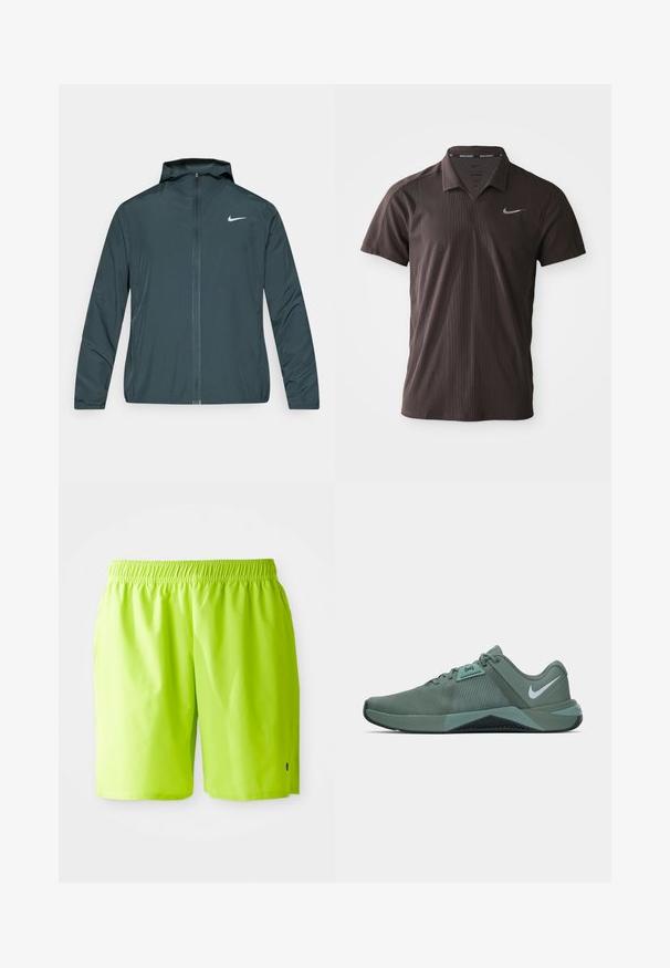 Nike vėjo nepraleidžianti striukė tamsiai žalia spalva, su pilnu užtrauktuku priekyje, reguliuojama gaubtu ir balto logotipo ant kairės krūtinės. Lengva, lygi medžiaga.; Tamsiai ruda polo marškiniai, pagaminti iš tekstūruotos medžiagos, su trimis mygtukais ir Nike Swoosh logotipu ant kairiojo krūtinės.; Ryškiai žali plaukimui skirti šortai su elastinga juosta ir šoninėmis kišenėmis, rodomi prieš paprastą baltą foną.; Šviesiai žalia sportinė avalynė su tekstūruotu tinkliniu paviršiumi, kontrastingais tamsesniais akcentais ir guminiais padais. Ant šono yra mažas logotipas.