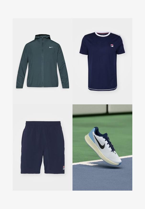 Větruodolná bunda Nike ve tmavě zelené barvě, s celopropínacím zipem, nastavitelnou kapucí a bílým logem na levé straně hrudi. Lehká, hladká tkanina.; Tmavě modré tričko s krátkým rukávem a bílým kulatým výstřihem, s červenými a bílými pruhovanými akcenty na ramenou a logem na nášivce.; Námořnické modré sportovní šortky vyrobené z prodyšné tkaniny s elastickým pasem a malou logem na levém dolním rohu.; Bílé sportovní boty s námořnickými akcenty, prodyšným svrškem, texturovanou podrážkou a světle modrou patou, které mají elegantní, moderní design.