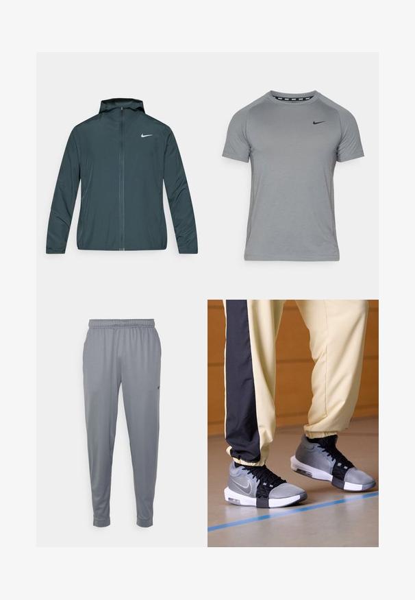 Nike vindjakke i mørkegrønn, med hel glidelås foran, justerbar hette og hvit logo på venstre bryst. Lett, glatt stoff.; Grå atletisk t-skjorte med korte ermer, rund hals og svart Nike-logo på brystet; har mesh-sidepanel for pusteevne.; Grå treningsbukser laget av lett stoff, med elastisk livribb, smale ben og en liten logo på siden.; Grå og svarte treningssko laget av mesh og tekstil, med en hvit såle og snøring, brukt sammen med gule og svarte bukser.