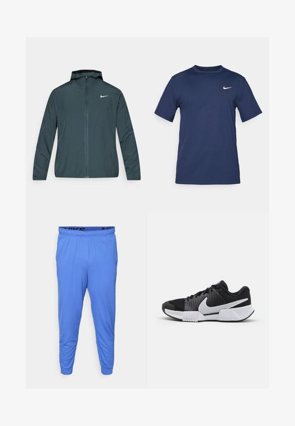 Větruodolná bunda Nike ve tmavě zelené barvě, s celopropínacím zipem, nastavitelnou kapucí a bílým logem na levé straně hrudi. Lehká, hladká tkanina.; Námořnická modrá tričko Nike vyrobené z měkké tkaniny, s krátkými rukávy, kulatým výstřihem a malým bílým logem na horní části levého prsu.; Pánské modré sportovní kalhoty vyrobené z lehké látky, s elastickým pasem s černým logem a zúženými manžetami u kotníků.; Černobílé sportovní tenisky s texturovaným svrškem, zpevněnou patou a výrazným logem swoosh. Ploché podrážky s vzorovaným trakčním povrchem.