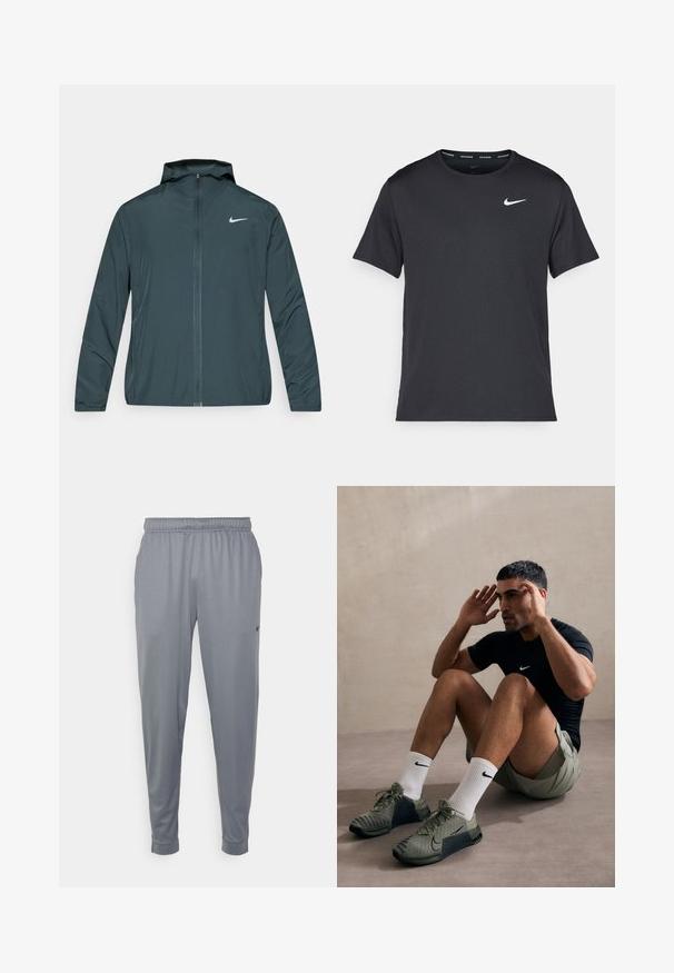 Nike vindjakke i mørkegrønn, med hel glidelås foran, justerbar hette og hvit logo på venstre bryst. Lett, glatt stoff.; Svart Nike løpe-T-skjorte laget av lett, pustende stoff, med korte ermer og en liten hvit logo på brystet.; Grå treningsbukser laget av lett stoff, med elastisk livribb, smale ben og en liten logo på siden.; Lettvint atletiske sko i olivengrønn med et teksturert mesh-overdel, svarte detaljer, og synlig snøring. Brukt med hvite sokker og shorts.