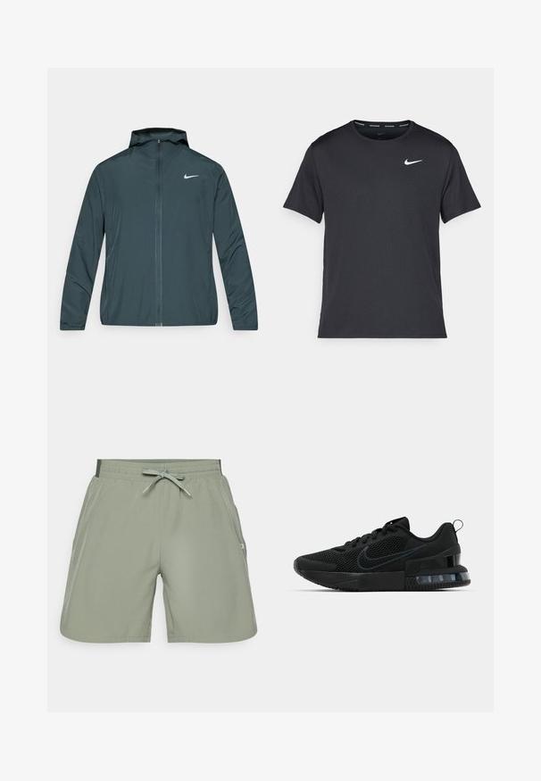 Casaco corta-vento Nike em verde escuro, com fecho frontal completo, capuz ajustável e logótipo branco no peito esquerdo. Tecido leve e suave.; T-shirt de corrida Nike preto, feito de material leve e respirável, com mangas curtas e um pequeno logo branco no peito.; Calções verde claro feitos de um tecido suave com cintura ajustável, bolsos laterais e bainha limpa. Detalhe de marcação mínima de um lado.; Tênis esportivo Nike preto com parte superior em malha, sola de borracha, colarinho acolchoado e um distinto detalhe transparente no calcanhar.