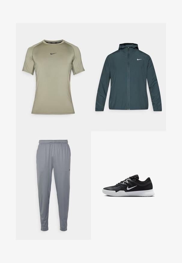 Geacă Nike windbreaker verde închis, cu fermoar complet în față, glugă ajustabilă și logo alb pe pieptul din stânga. Material ușor și fin la atingere.; Tricou sport cu mânecă scurtă, de culoare verde măsliniu, fabricat dintr-un material fin și ușor, cu un logo Nike negru pe piept și cusături pe termen.; Pantaloni atletici gri, confecționați dintr-un material ușor, cu talie elastică, picioare tapered și un mic logo pe lateral.; Pantof sport negru cu un superior texturat, swoosh alb Nike și o tălpică din cauciuc alb. Dispune de un design cu șireturi și o formă dinamică.
