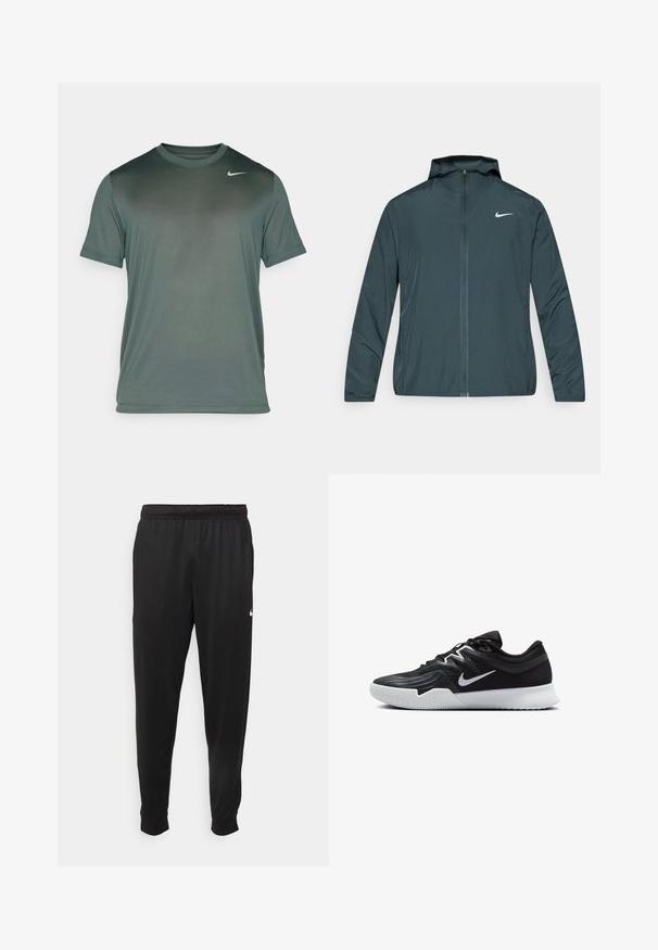 Nike vindjacka i mörkgrönt, med hel dragkedja fram, justerbar huva och vit logotyp på vänster bröst. Lätt, mjukt tyg.; Nike Performance TEE RESET - T-shirt till träning - vintage green/matte silver; Svarta träningsbyxor i slät tyg, med elastisk midja, avsmalnande ben och en liten vit logotyp på vänster sida.; Svarta träningsskor med en texturerad ovandel, vit Nike-logga och en vit gummisula. Har snörningsdesign och en dynamisk form.