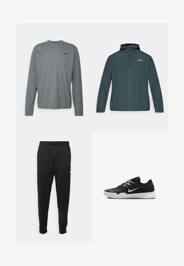 Nike windbreaker jacket in dark green, featuring a full-zip front, adjustable hood, and white logo on the left chest. Lightweight, smooth fabric.; Gray long-sleeve shirt made of a textured fabric, featuring a crew neck and a small black logo on the upper left chest area.; Black athletic pants made of smooth fabric, featuring an elastic waistband, tapered legs, and a small white logo on the left side.; Black athletic shoe with a textured upper, white Nike swoosh, and a white rubber outsole. Features a lace-up design and dynamic shape.