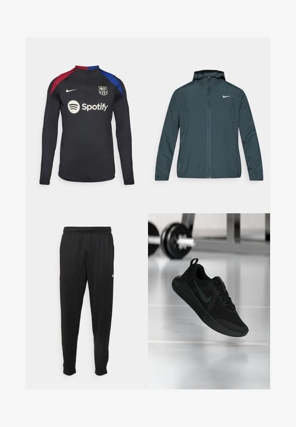 Nike vėjo nepraleidžianti striukė tamsiai žalia spalva, su pilnu užtrauktuku priekyje, reguliuojama gaubtu ir balto logotipo ant kairės krūtinės. Lengva, lygi medžiaga.; Juodas ilgomis rankovėmis futbolo marškinėliai su raudonais ir mėlynais peties akcentais. Yra ketvirčio užtrauktukas, Nike logotipas, FC Barcelona emblema ir Spotify ženklas.; Juodi sportiniai kelnės, pagamintos iš lygaus audinio, turinčios elastinę juosmenį, siaurėjantys sijonai ir mažas baltas logotipas kairėje pusėje.; Juoda sportinė avalynė su tekstūruotu tinklelio viršumi, guminiais padais ir ryškiu tamsiu Swoosh logotipu. Yra paminkštintas kakliukas ir raišteliais užsirišamas dizainas.
