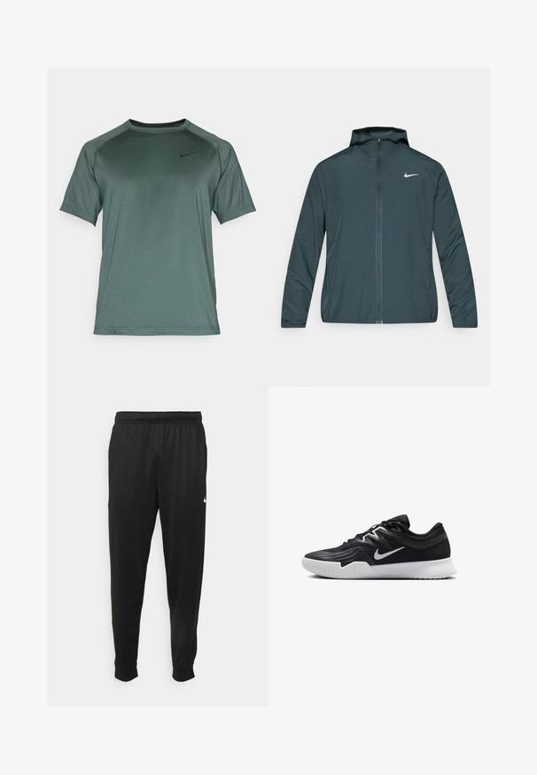 Nike vindjacka i mörkgrönt, med hel dragkedja fram, justerbar huva och vit logotyp på vänster bröst. Lätt, mjukt tyg.; Nike Performance READY - T-shirt till träning - vintage green/black; Svarta träningsbyxor i slät tyg, med elastisk midja, avsmalnande ben och en liten vit logotyp på vänster sida.; Svarta träningsskor med en texturerad ovandel, vit Nike-logga och en vit gummisula. Har snörningsdesign och en dynamisk form.