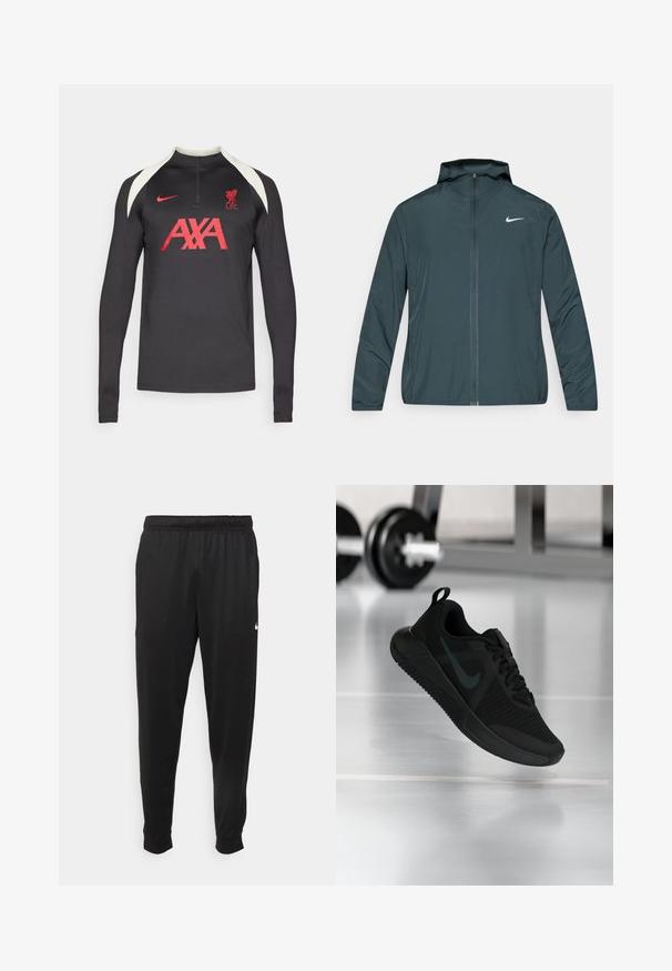 Nike vjetrovka u tamnozelenoj boji, s patentnim zatvaračem na cijeloj dužini, podesivim kapuljačom i bijelim logom na lijevoj strani prsa. Lagani, glatki materijal.; Crna sportska majica dugih rukava s visokim izrezom, bijelim naglascima na ramenima, crvenim logotipom "AXA" i emblemom L.F.C., izrađena od tkanine koja upija vlagu.; Crne atletske hlače od glatkog materijala, s elastičnom pasicom, sužavajućim nogavicama i malim bijelim logom na lijevoj strani.; Crna sportska cipela s teksturiranim mrežastim gornjim dijelom, gumenim potplatom i istaknutim tamnim logotipom swoosh. Ima podstavljen ovratnik i dizajn s vezicama.
