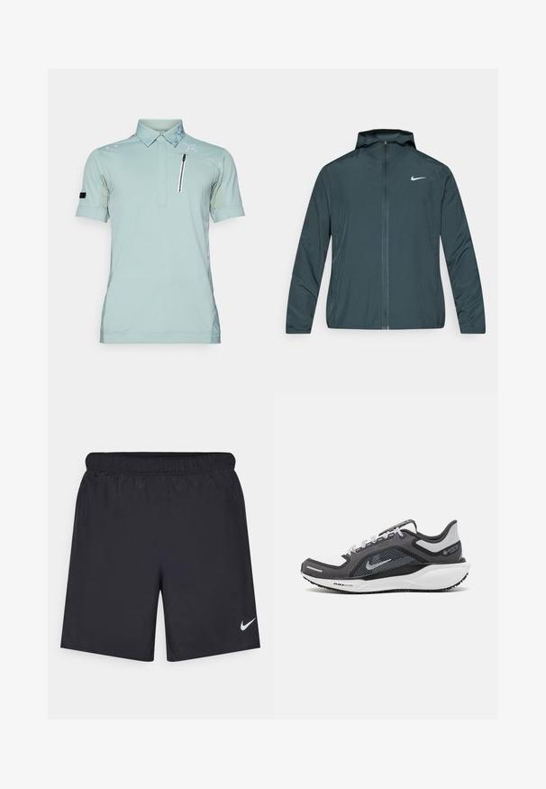 Nike vindjakke i mørkegrønn, med hel glidelås foran, justerbar hette og hvit logo på venstre bryst. Lett, glatt stoff.; Lys grønn polo-skjorte med glidelåslomme, mønstrete krage, korte ermer og logo på skulderen, laget av pustende stoff.; Svart sportskjørt laget av lett materiale med elastisk linning. Har en liten hvit Nike-logo nederst til venstre.; Svart og grå atletisk sko med mesh-overdel, refleksdetaljer og hvit mellomsåle. Har strukturert gummisåle og lisser.
