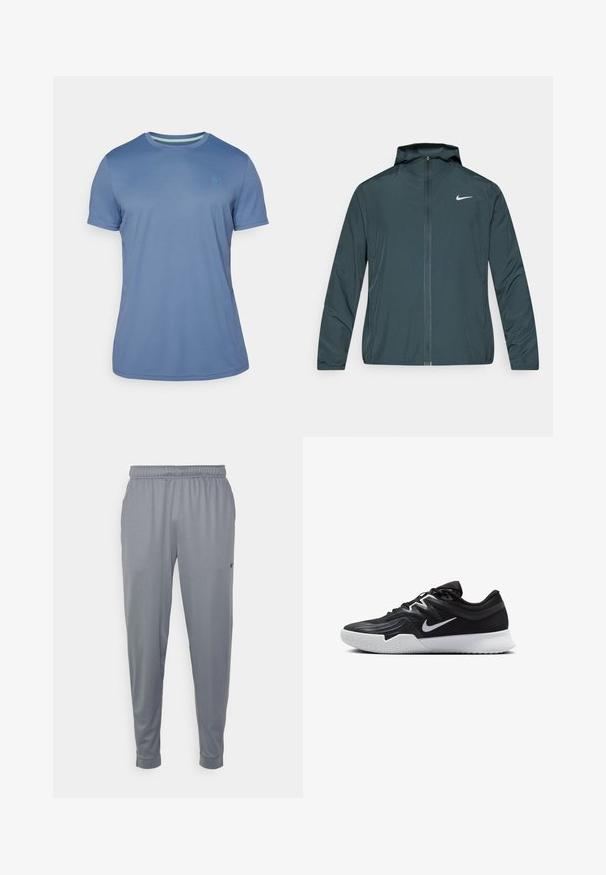 Větruodolná bunda Nike ve tmavě zelené barvě, s celopropínacím zipem, nastavitelnou kapucí a bílým logem na levé straně hrudi. Lehká, hladká tkanina.; Tričko s krátkým rukávem v světle modré barvě, vyrobené z hladkého materiálu. Má kulatý výstřih s kontrastním vnitřním lemem a malým logem.; Šedé sportovní kalhoty vyrobené z lehkého materiálu, s elastickým pasem, tapered nohavicemi a malým logem na boku.; Černá atletická bota s texturovaným svrškem, bílým logem Nike a bílou gumovou podrážkou. Disponuje šněrovacím designem a dynamickým tvarem.
