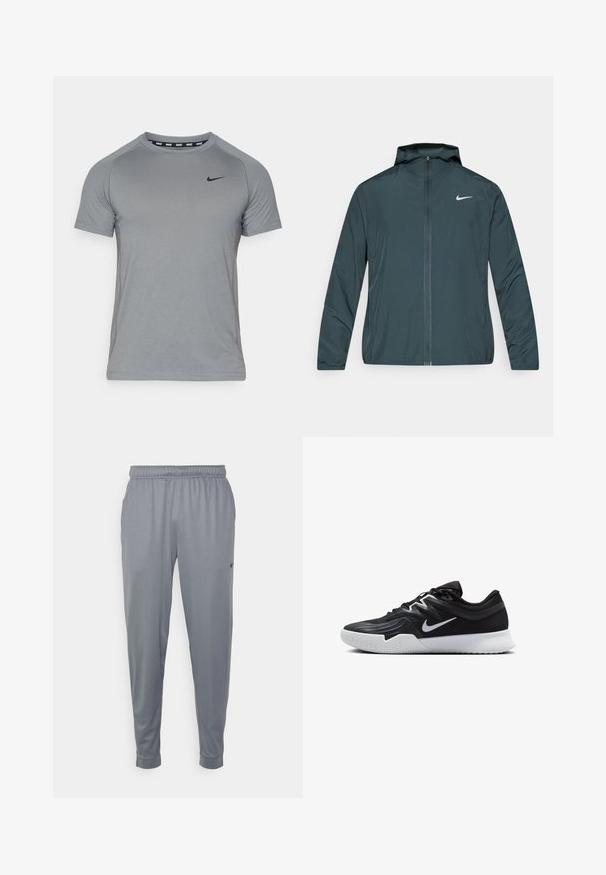 Nike széldzseki sötétzöld színben, teljes hosszúságú cipzárral, állítható kapucnival és fehér logóval a bal mellrészen. Könnyű, sima anyagból.; Szürke atlétikai póló rövid ujjakkal, kerek nyakkivágással és fekete Nike logóval a mellkason; légáteresztő hálós oldalsávval rendelkezik.; Szürke sportnadrág, könnyű anyagból készült, rugalmas derékkal, szűkülő lábszárral és egy kis logóval az oldalon.; Fekete sportcipő texturált felsőrésszel, fehér Nike logóval és fehér gumitalppal. Fűzős kialakítással és dinamikus formával rendelkezik.
