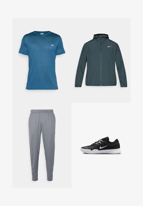 Nike vindjacka i mörkgrönt, med hel dragkedja fram, justerbar huva och vit logotyp på vänster bröst. Lätt, mjukt tyg.; Blå, kortärmad sportt-shirt med strukturerad tyg och rund halsringning; har en liten logotyp på övre vänstra sidan.; Grå träningsbyxor tillverkade av lättviktsmaterial, med elastisk midja, smalnande ben och en liten logotyp på sidan.; Svarta träningsskor med en texturerad ovandel, vit Nike-logga och en vit gummisula. Har snörningsdesign och en dynamisk form.