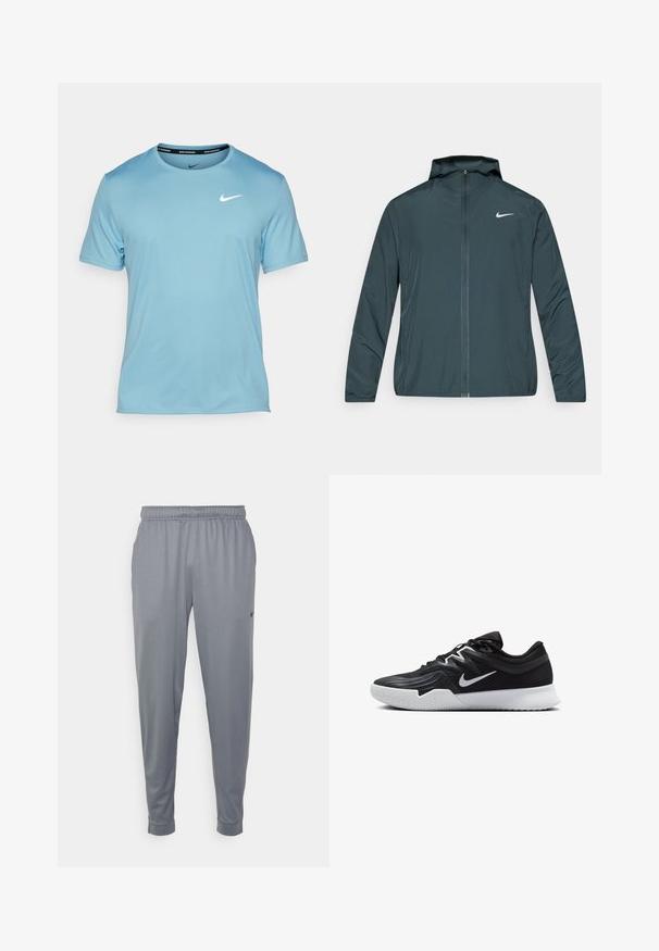 Temno zelena vetrovka Nike z zadrgo po celotni sprednji strani, nastavljivo kapuco in belim logotipom na levi strani prsnega koša. Lahka, gladka tkanina.; Nike Performance MILER - Športne majice - denim turq/(reflective silv); Sive športne hlače iz lahkega materiala, z elastičnim pasom, zoženimi nogavicami in majhnim logotipom ob strani.; Črne atletske čevlje z teksturirano zgornjico, belim Nike znakom in belim gumijastim zunanjim podplatom. Imajo vezalni dizajn in dinamično obliko.