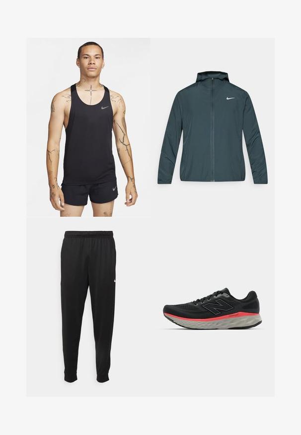 Nike tuulekindel jope tumerohelises toonis, millel on täispikk tõmblukk, reguleeritav kapuuts ja valge logo vasakul rinnal. Kerge, sile kangas.; Must värviline sporttank top, millel on ümmargune kaelus ja Nike logo. Omab kerget, hingavat kangast ja kontrastseid halli aktsente.; Mustad mustekad athletic-püksid sujuvast kangast, elastse vöökoha, kitsenevate jalgade ja väikese valge logoga vasakul küljel.; Mustvalge jooksujalats, millel on võrkkangast pealisosa, millele on lisatud roosa vaheosa riba ja hall pohjaplaat. Omab tekstureeritud detaile ja paindlikku talla disaini.