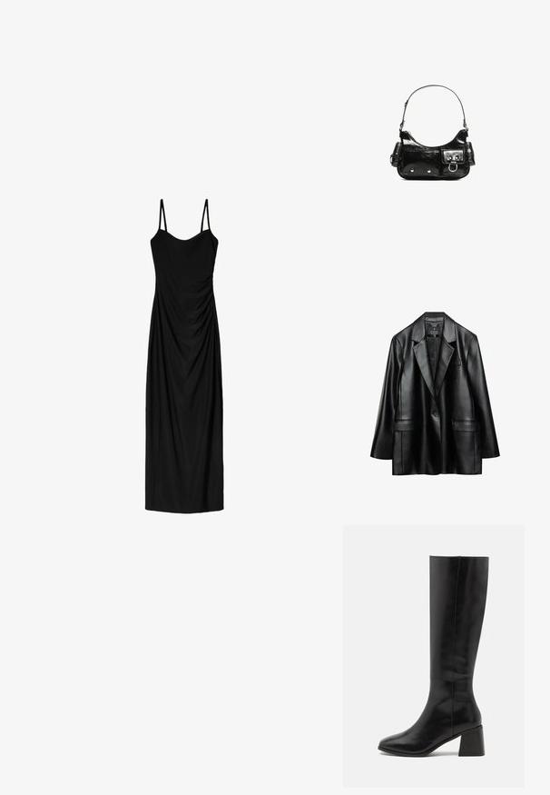 Czarna marynarka z sztucznej skóry z klapami, jedną guzikową zapięciem i dwiema przednimi kieszeniami, charakteryzująca się gładką, błyszczącą fakturą.; Czarna midi sukienka z cienkimi regulowanymi ramiączkami, z drapowaną formą i gładką teksturą. Brak widocznych wzorów lub ozdób.; ONLY SHOES ONLBIJOU czarny; Czarna torebka z lakierowanej skóry o zaokrąglonym kształcie, z jednym paskiem na ramię, przednimi kieszeniami i akcentami w kolorze srebrnym.