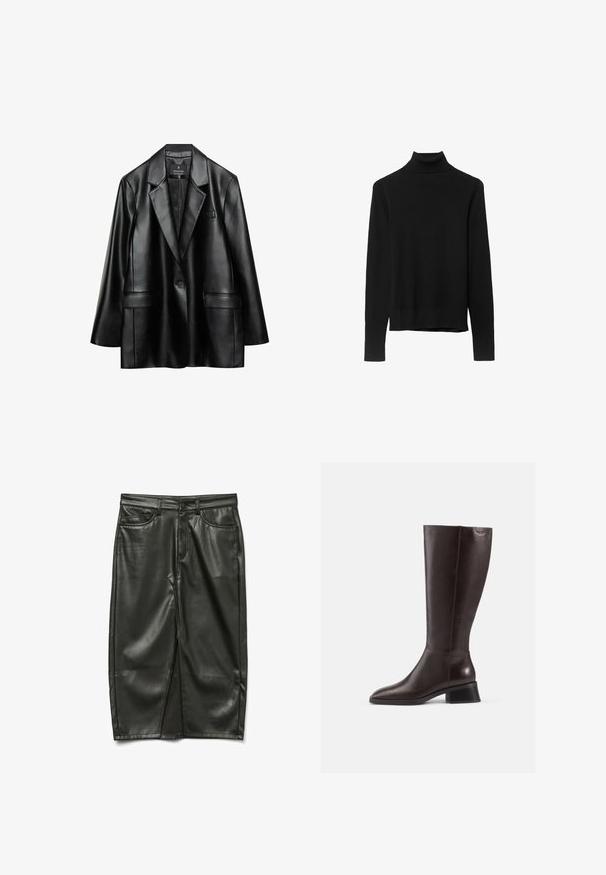 Svart faux läder blazer med snedskurna slag, enkel knappstängning och två framfickor, med en slät, glansig yta.; Svart polotröja i mjukt stickat tyg. Har långa ärmar och en åtsittande design med en rak fåll.; Svart läderkjol med en figurnära design, fickor fram och en slits framtill, som visar en slät textur och elegant finish.; Knähöga bruna läderstövlar med en slät finish, rund tå och en staplad svart klack. Enkel design med minimala hårdvarudetaljer.