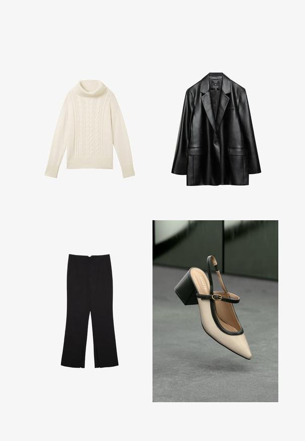 Čierna umelá kožená sako s vykrojenými klopami, uzatváraním na jedno tlačidlo a dvoma prednými vreckami, s hladkou, lesklou textúrou.; TOM TAILOR MIT ROLLKRAGEN UND STRUKTUR - Svetrík - beige; Čierne nohavice so strihom rovného strihu, s prednými vreckami a bočnými rozparkami na leme. Vyrobené z mäkkej, hladkej tkaniny. Vhodné na rôzne príležitosti.; Béžová lodička so špicatou špičkou, s čiernym lemom, zlatou prackou a robustným blokovým podpätkom na šedom podlahe s tmavozeleným pozadím.