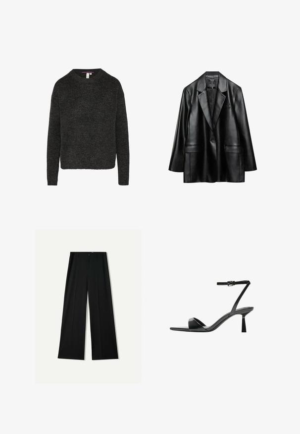 Schwarze Kunstlederjacke mit Reverskragen, einreihiger Knopfverschluss und zwei vorderen Taschen, mit einer glatten, glänzenden Textur.; Dunkelgrauer, gestrickter Pullover mit rundem Halsausschnitt und langen Ärmeln. Verfügt über eine gerippte Struktur und einen geraden Saum. Lässiger Schnitt.; Bershka WIDE - Stoffhose - black; Bershka High Heel Sandalette - black