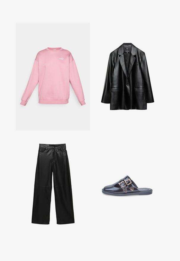 Svart faux läder blazer med snedskurna slag, enkel knappstängning och två framfickor, med en slät, glansig yta.; Rosa sweatshirt i mjukt material med rundad halsringning och långa ärmar. Har en liten vit logotyp på bröstet. Enkelt mönster.; Vit T-shirt med kort ärm i bomull, med rund hals och en avslappnad passform, utan synliga mönster eller grafik.; Svarta byxor i konstläder med vida ben, framfickor, bälteshällor, knäppning och sömdetalj nedanför knäna.; Svart läder slip-on mule med spetsig tå och två guldfärgade spännen på ovansidan, platt gummisula, fotograferad mot vit bakgrund.